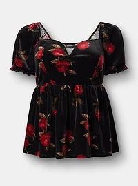 Velour V-Wire Puff Sleeve Babydoll Top