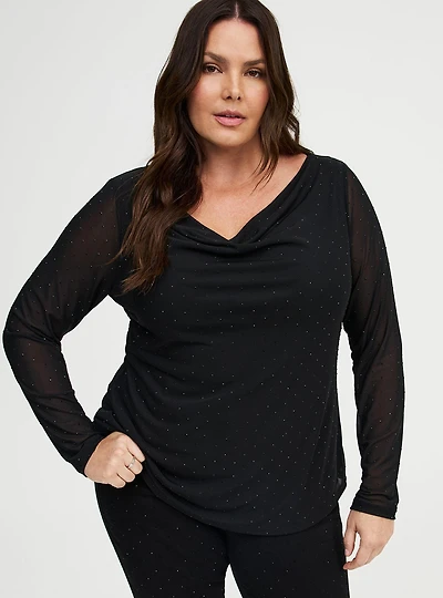 Sparkle Mesh Cowl Neck Top