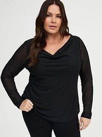 Sparkle Mesh Cowl Neck Top