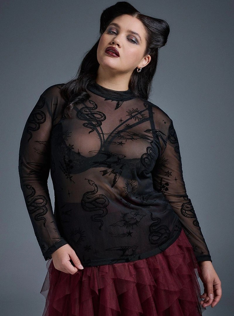 Mesh Burnout Mock Neck Long Sleeve Top