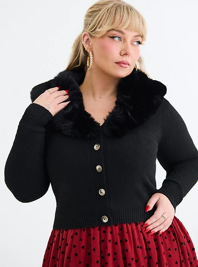 Retro Chic Faux Fur Trim Cardigan