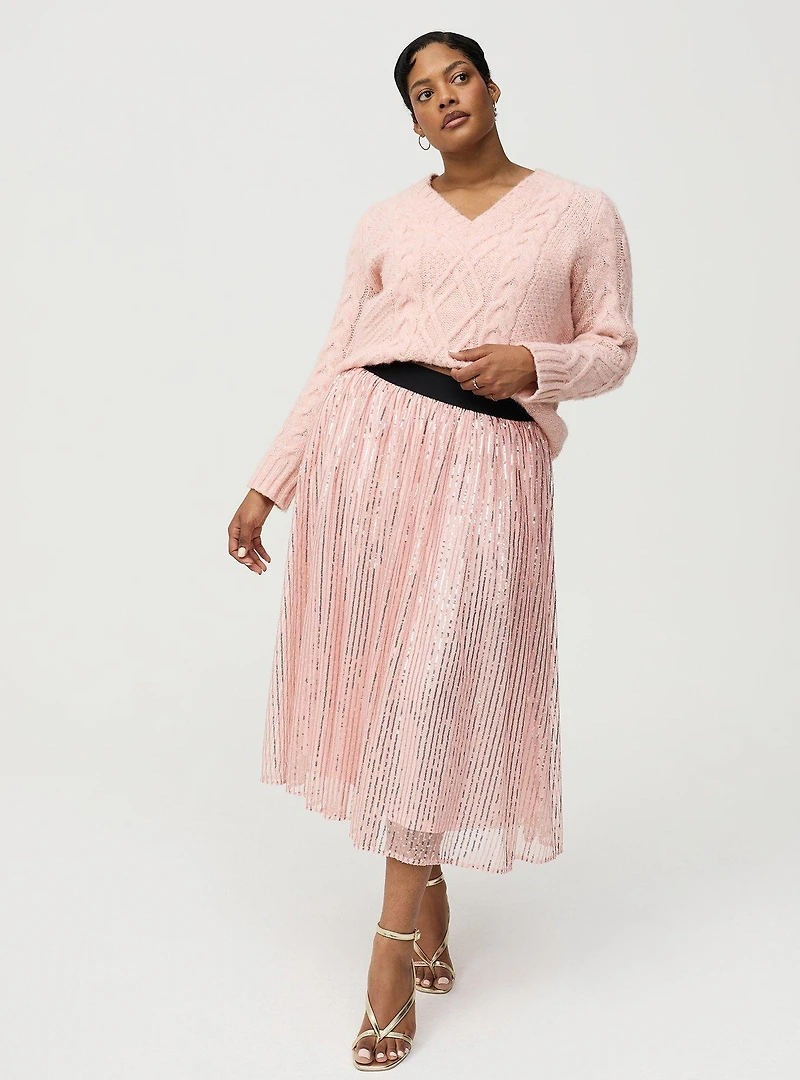 Pleated Sequin Tea Length Skirt