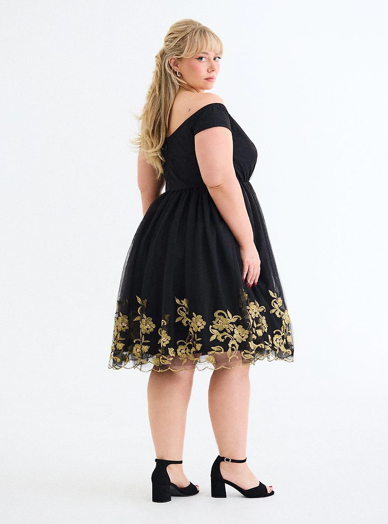 Retro Chic Embroidered Mesh Swing Dress