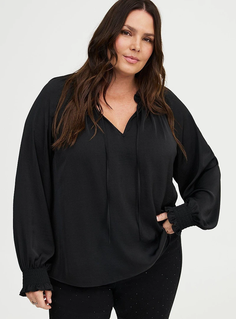 Satin Tie-Front Peasant Blouse