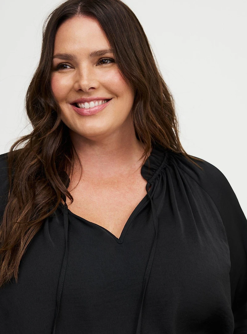 Satin Tie-Front Peasant Blouse