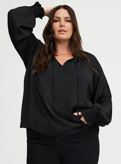 Satin Tie-Front Peasant Blouse