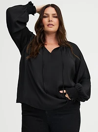 Satin Tie-Front Peasant Blouse