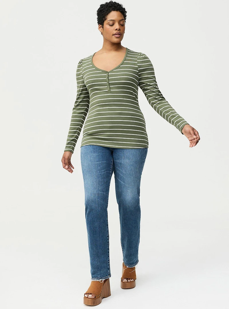 Cotton Modal Rib Henley Puff Sleeve Top
