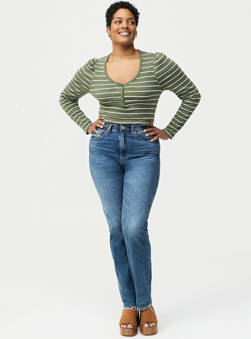 Cotton Modal Rib Henley Puff Sleeve Top