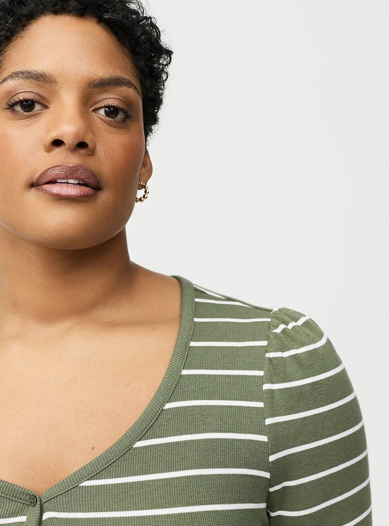 Cotton Modal Rib Henley Puff Sleeve Top