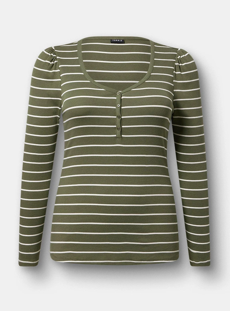 Cotton Modal Rib Henley Puff Sleeve Top