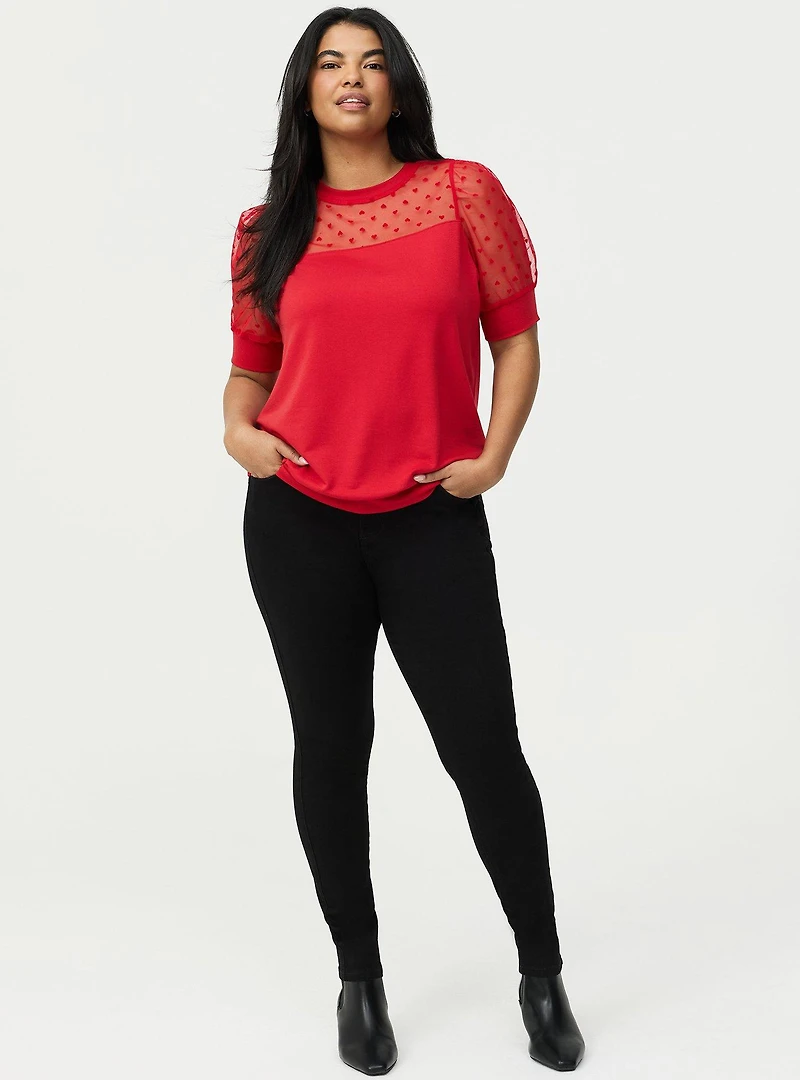 Flocked Heart & Mesh Short Sleeve Sweater