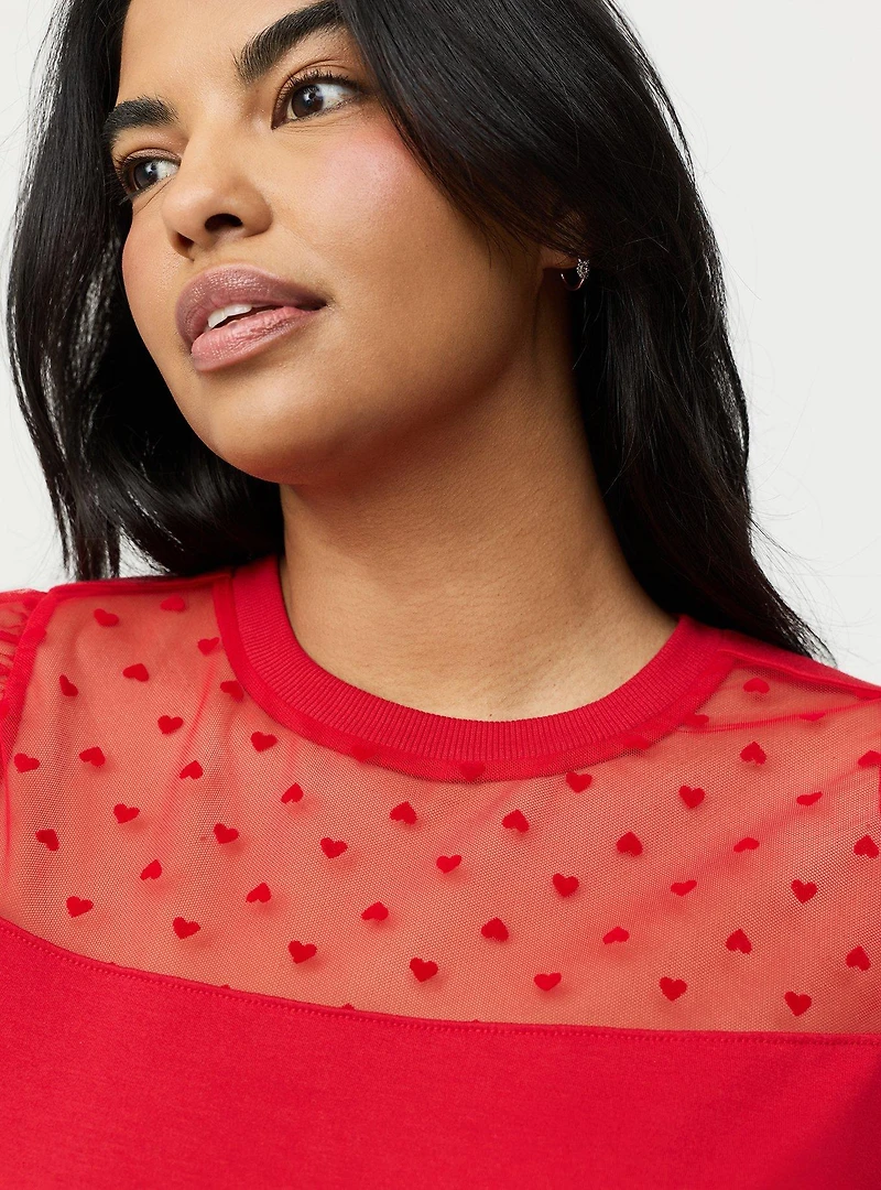 Flocked Heart & Mesh Short Sleeve Sweater