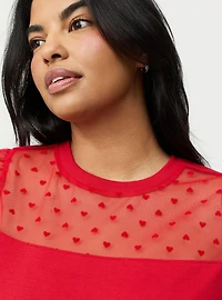 Flocked Heart & Mesh Short Sleeve Sweater