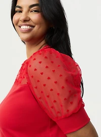 Flocked Heart & Mesh Short Sleeve Sweater