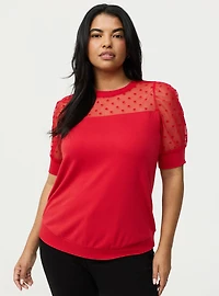 Flocked Heart & Mesh Short Sleeve Sweater