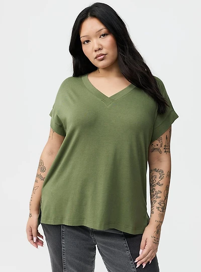 Vintage Slub Relaxed V-Neck Dolman Tunic Tee