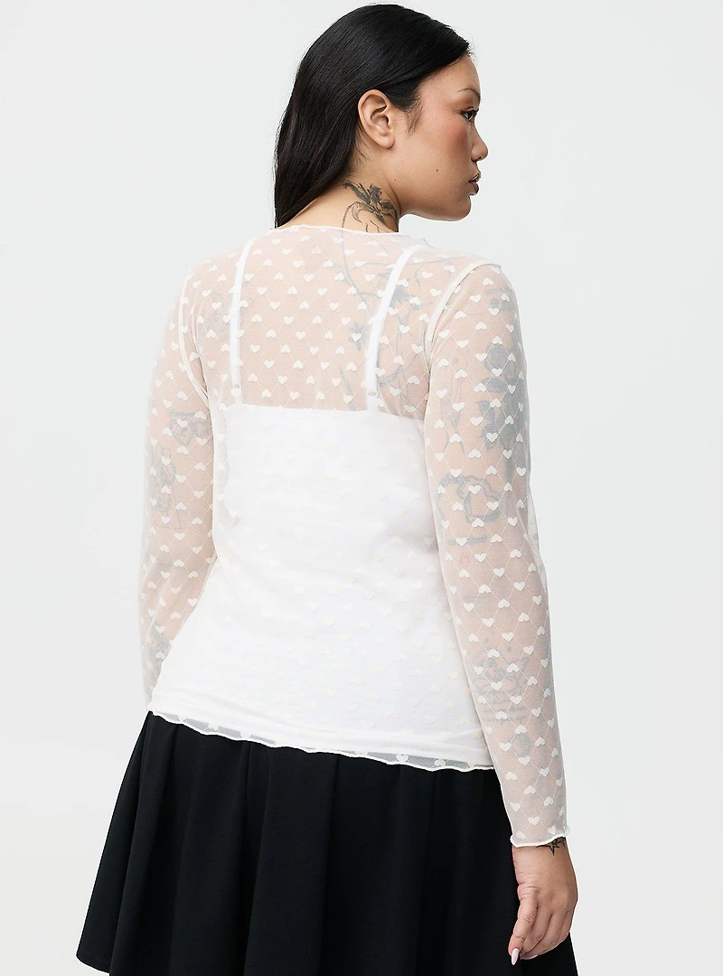 Sheer Mesh Swiss Dot & Heart Crew Top