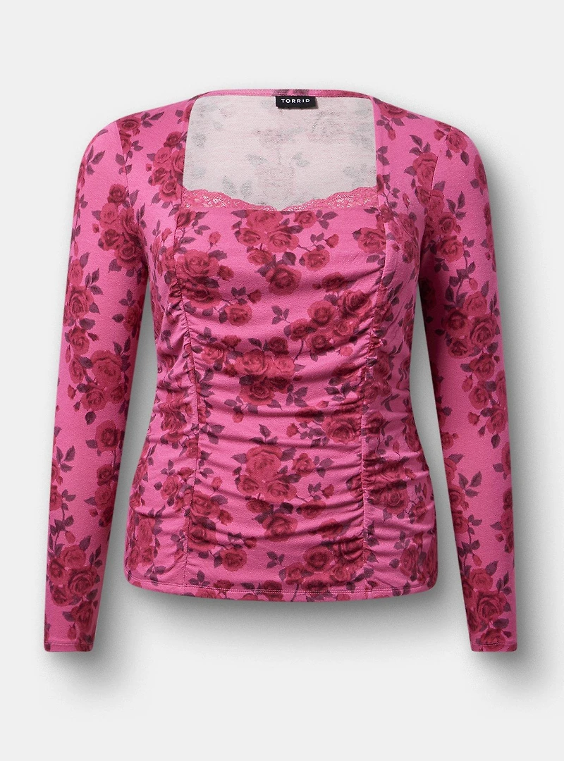 Slinky Shirred Lace Neck Top