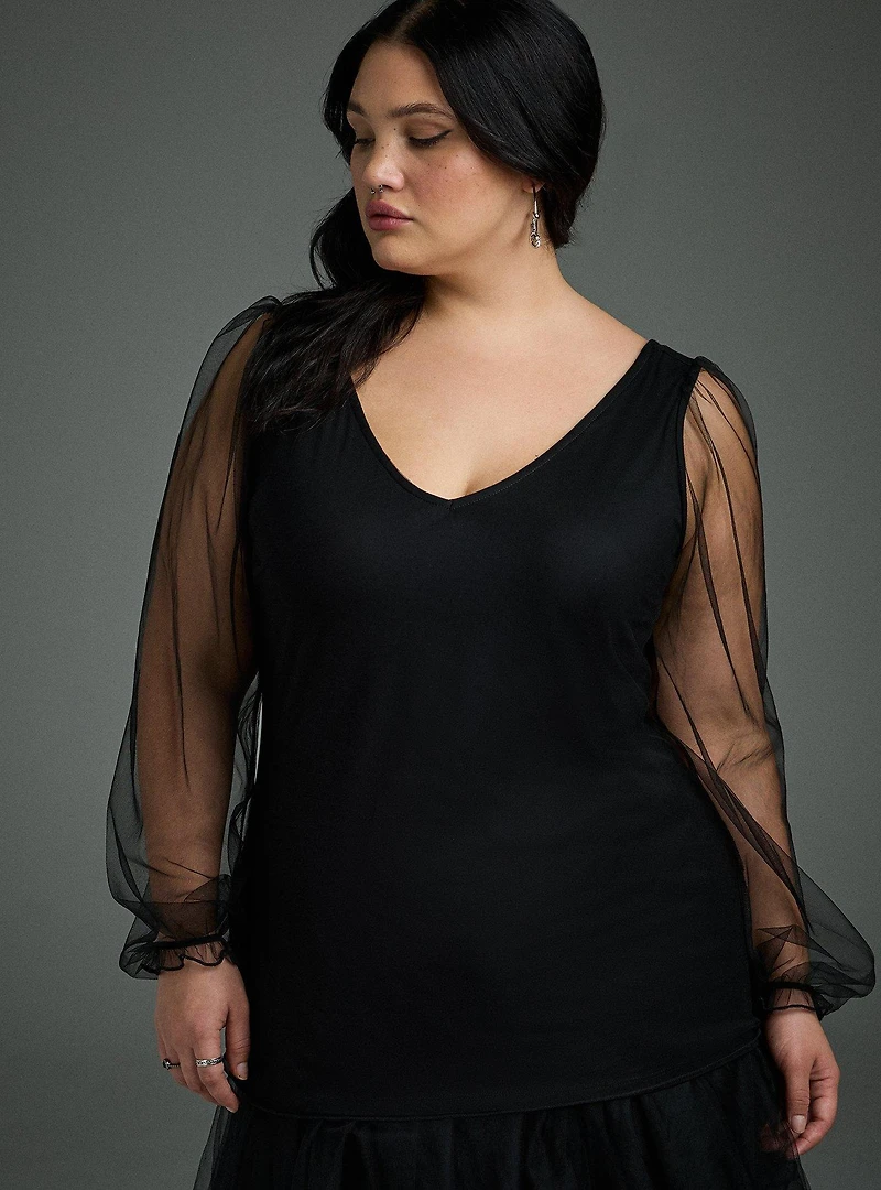 Nightfall Balloon Sleeve Mesh Top