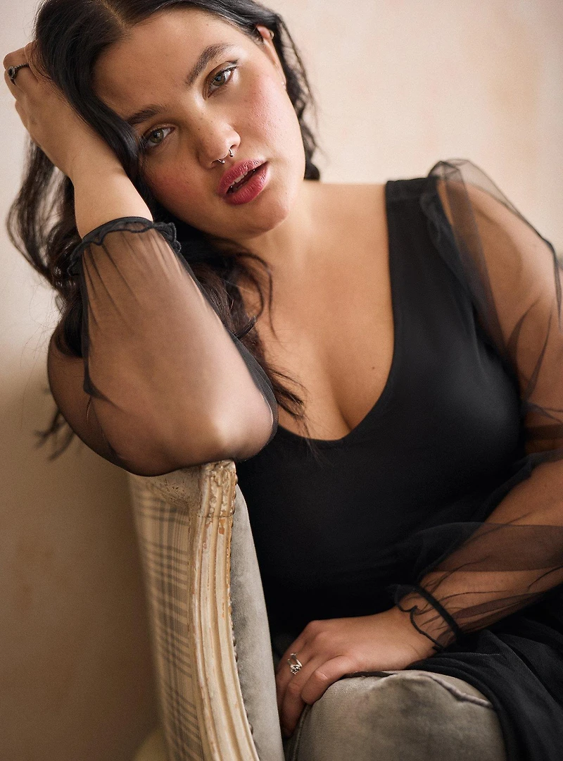 Nightfall Balloon Sleeve Mesh Top