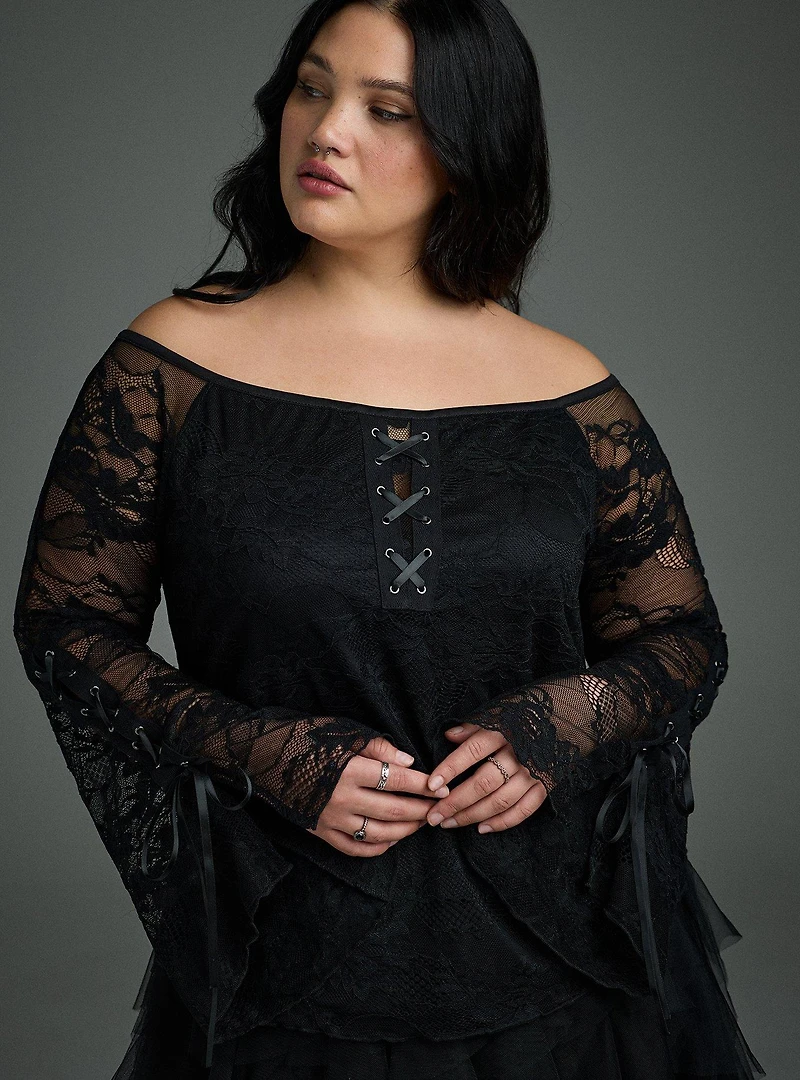 Nightfall Off-Shoulder Bell Sleeve Lace Top