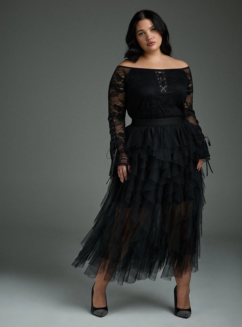 Nightfall Off-Shoulder Bell Sleeve Lace Top