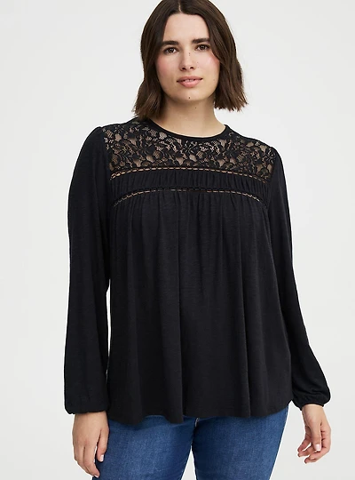 Vintage Slub Long Sleeve Lace Yoke Top