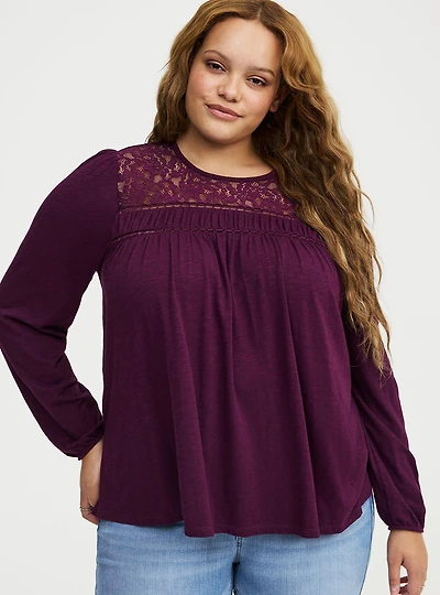 Vintage Slub Long Sleeve Lace Yoke Top