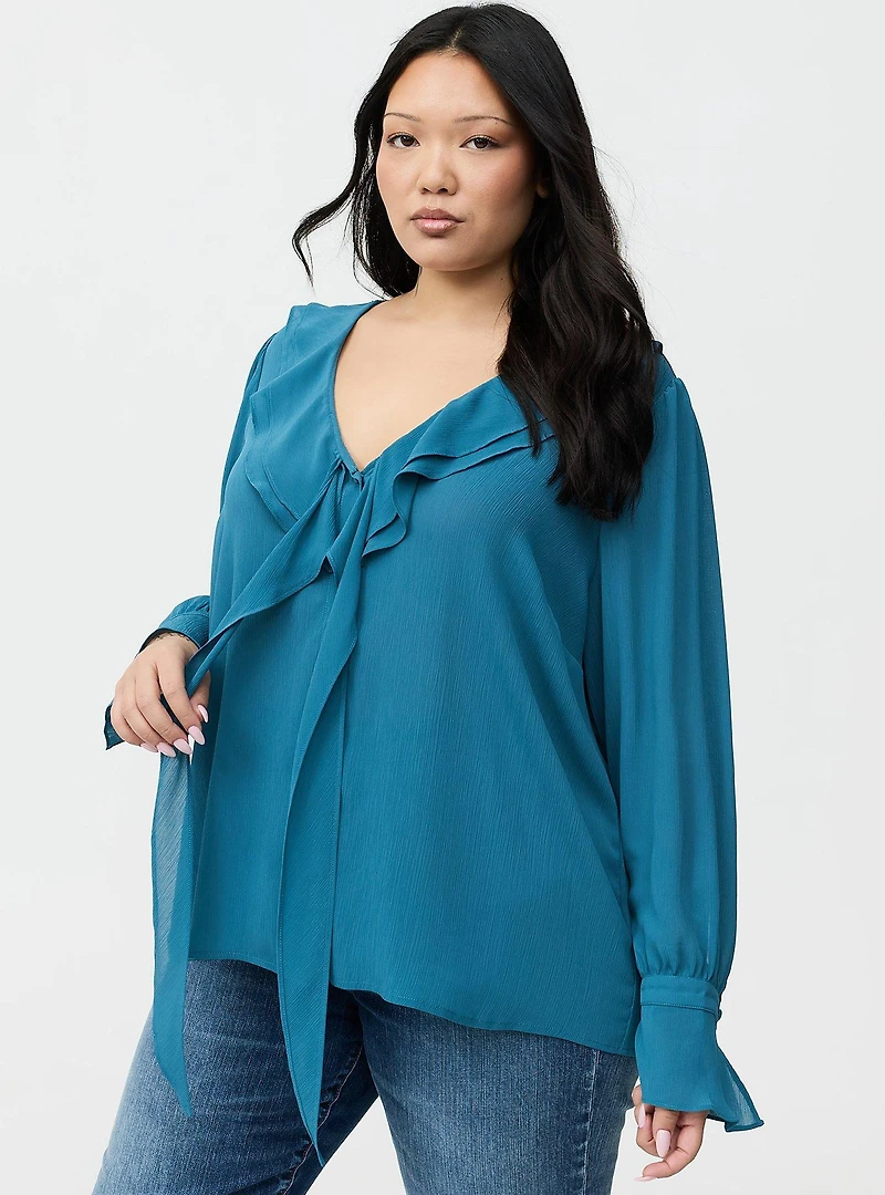 Chiffon Ruffle Tie-Neck Blouse
