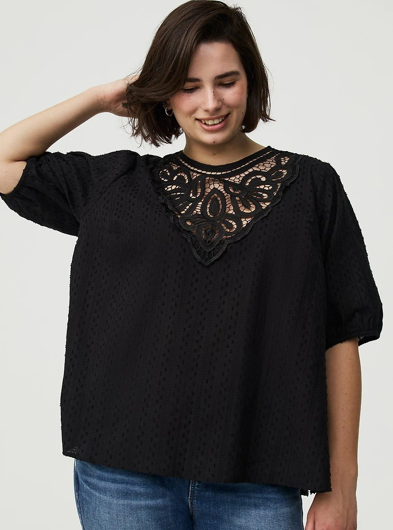 Lace Trim Puff Sleeve  Top