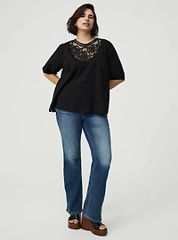 Lace Trim Puff Sleeve  Top