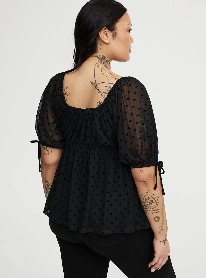 Flocked Mesh Babydoll Top