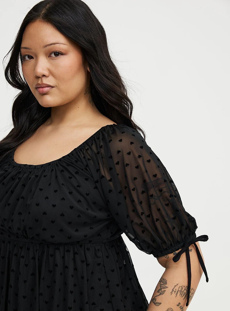 Flocked Mesh Babydoll Top