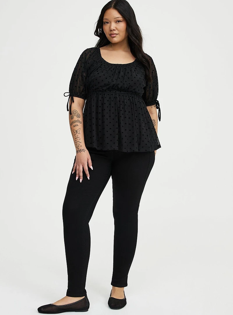 Flocked Mesh Babydoll Top