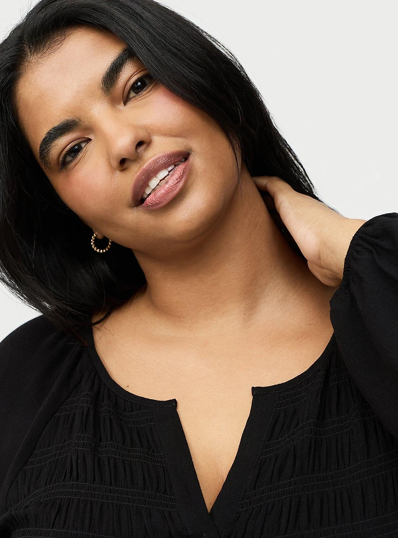 Gauze Henley Smocked Top