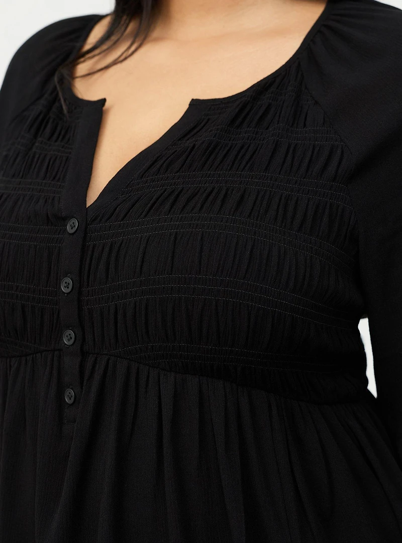 Gauze Henley Smocked Top