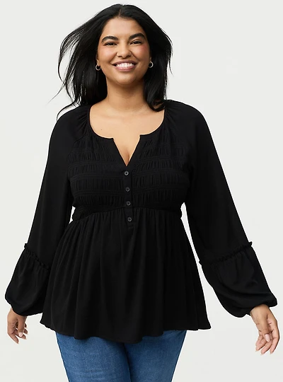 Gauze Henley Smocked Top