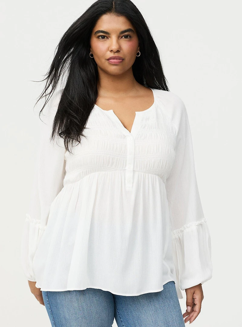 Gauze Henley Smocked Top