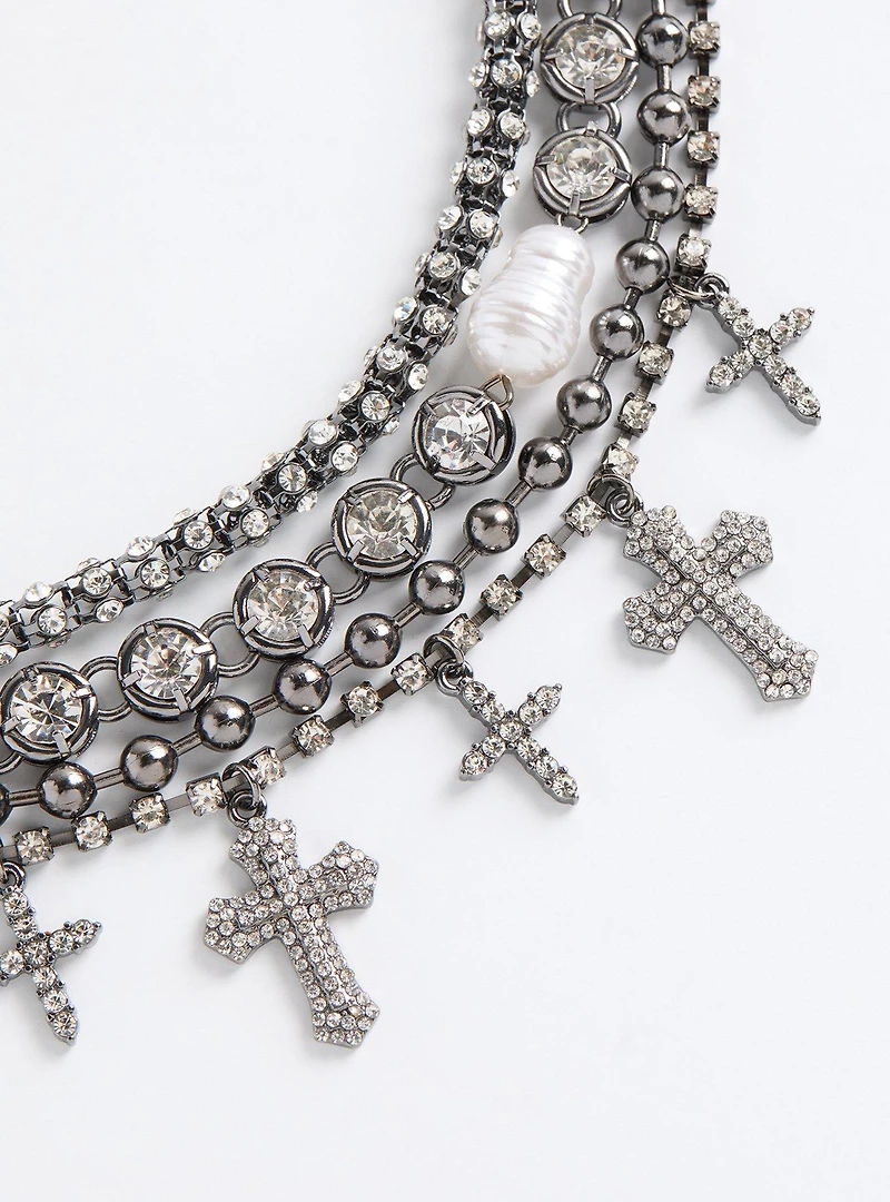 Rhinestone Cross Layered Necklace