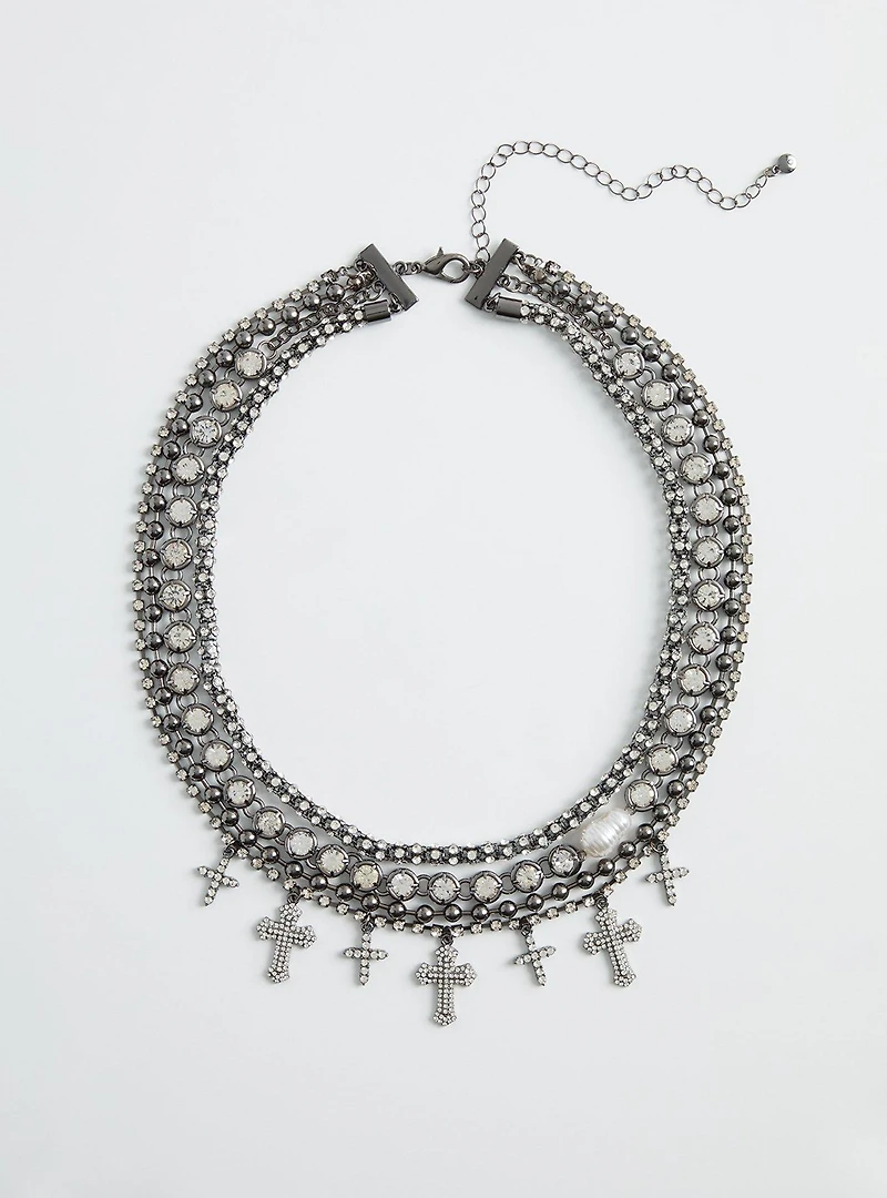 Rhinestone Cross Layered Necklace
