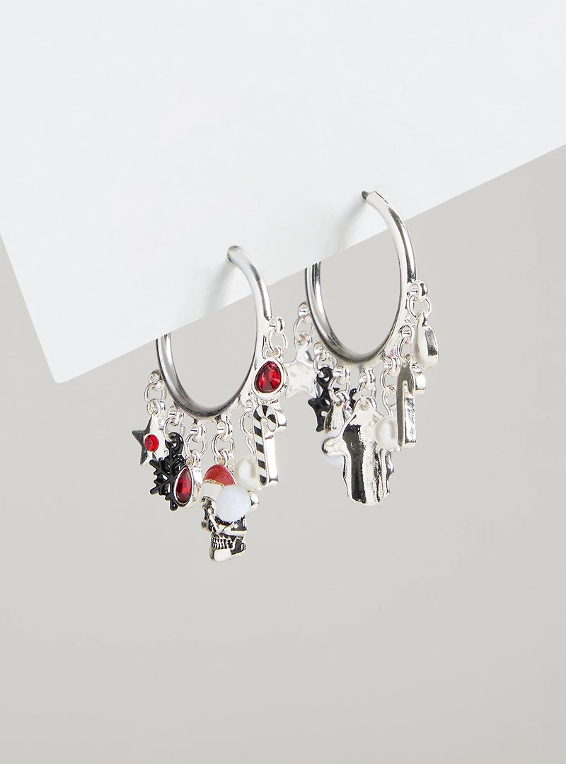 Dark Holiday Charm Hoop Earrings