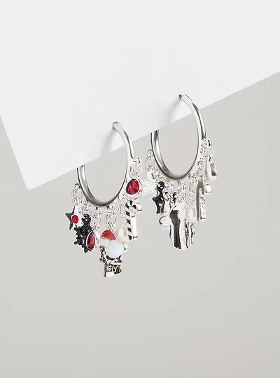 Dark Holiday Charm Hoop Earrings