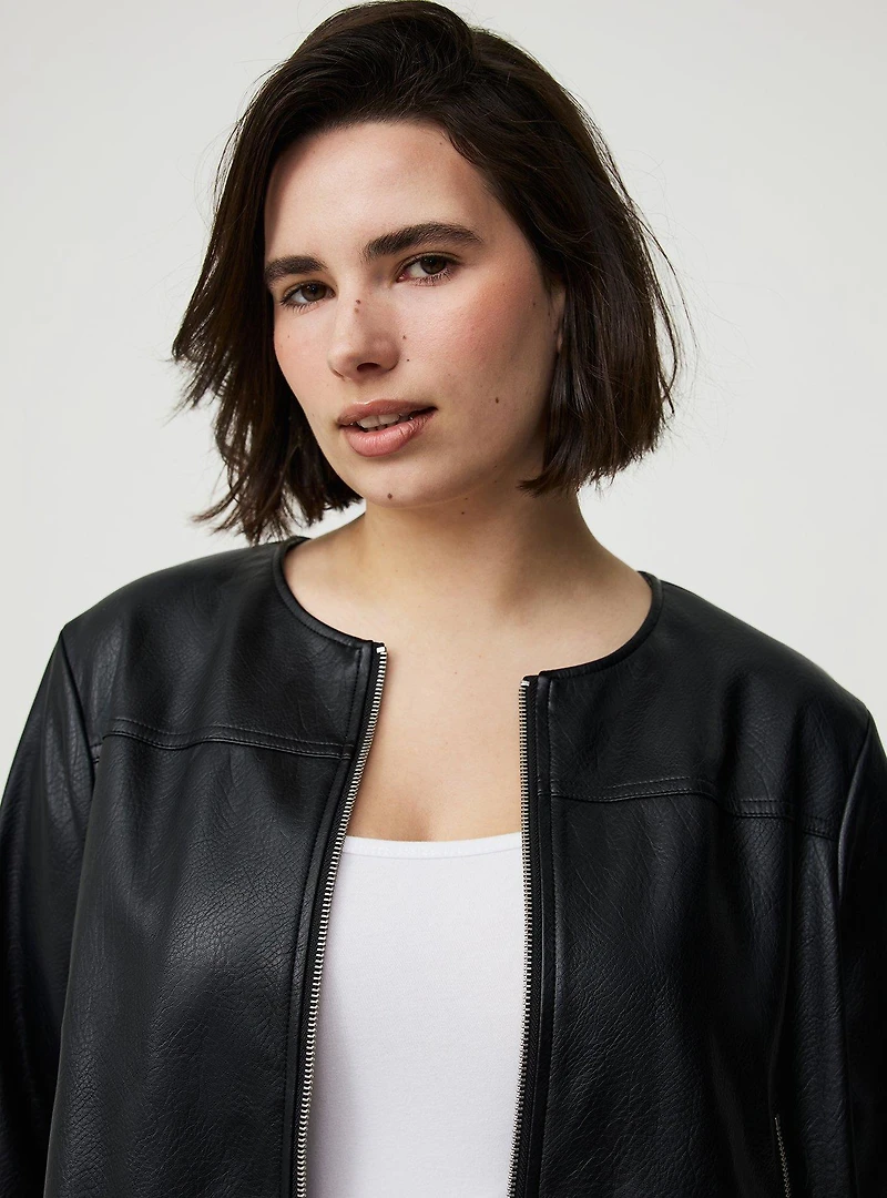 Faux Leather Collarless Moto Jacket