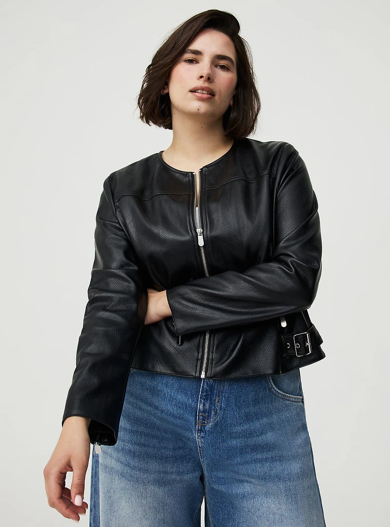 Faux Leather Collarless Moto Jacket