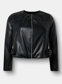 Faux Leather Collarless Moto Jacket