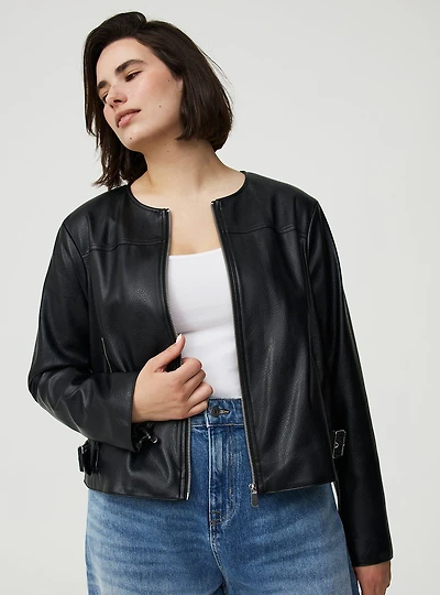 Faux Leather Collarless Moto Jacket
