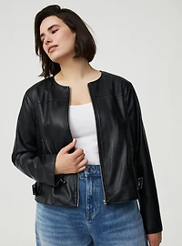 Faux Leather Collarless Moto Jacket