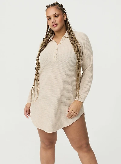 Super Soft Plush Waffle Henley Lounge Dress