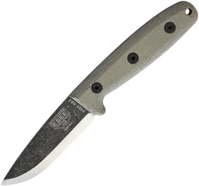 ESEE Bolieu RB3 Fixed Blade Knife Tan Micarta [3.50" Plain  Black Stonewash] Drop Point 17703